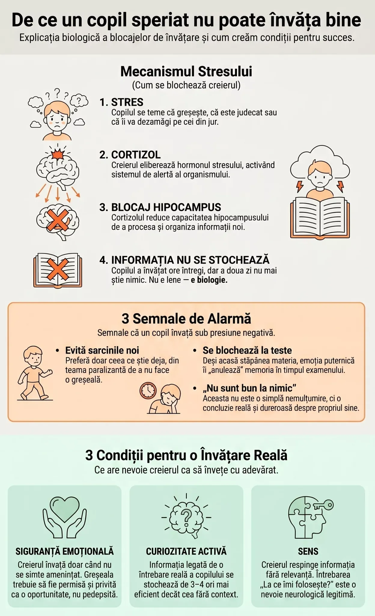 Infografic — de ce un copil speriat nu poate învăța bine: mecanismul stresului, semnalele de alarmă și condițiile pentru o învățare reală