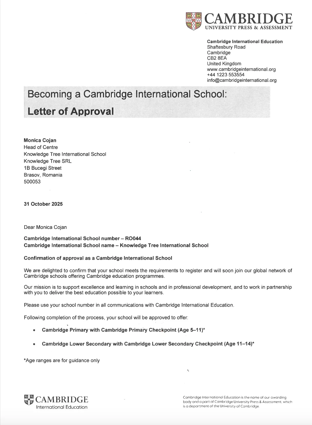 Scrisoarea de aprobare Cambridge International Education pentru Knowledge Tree International School (nr. RO044)